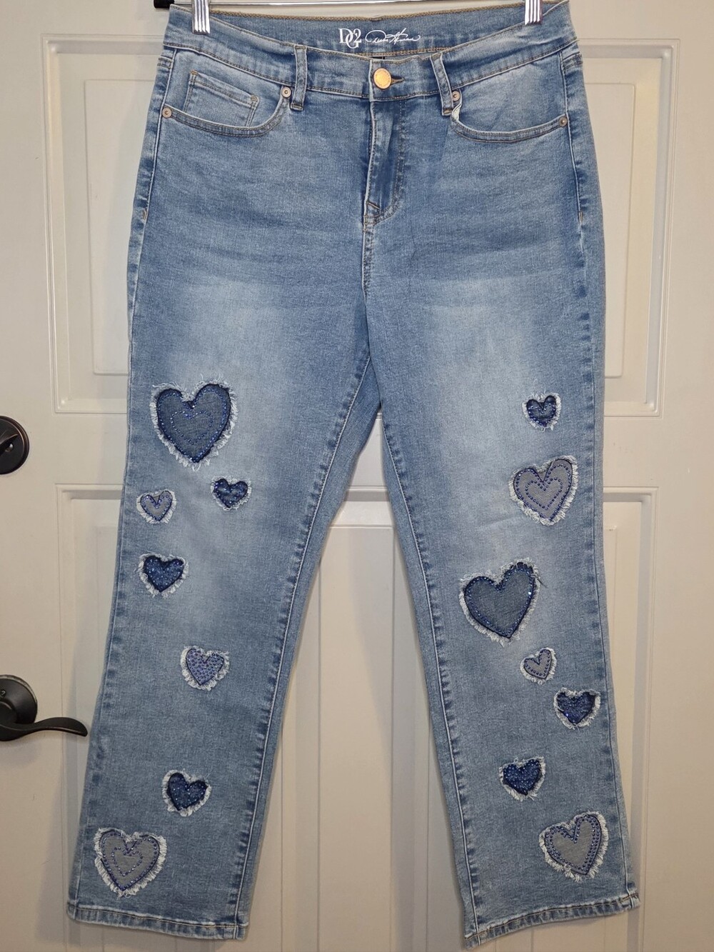 DG2 by Diane Gilman Light Blue Straight Leg Jeans with Heart Patches